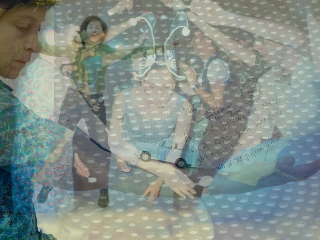 multiple layers of imagery show Karen Christopher on the left with her right arm outstretched. She is a white woman with short brown hair and wearing a blue short-sleeved top. Her arm reaches across multiple images of other people in the fading background, overlaid with a sheet of what appears to be perforated metal. Many of these people are dancing. There is also a postcard within the image in which the words "Karen's juggling has taken a really odd dimension" can be read